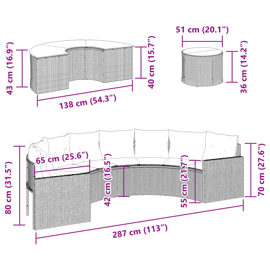 3-tlg. Garten-Sofagarnitur Halbrund Grau Poly Rattan