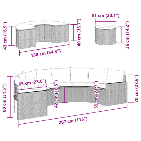 3-tlg. Garten-Sofagarnitur Halbrund Grau Poly Rattan