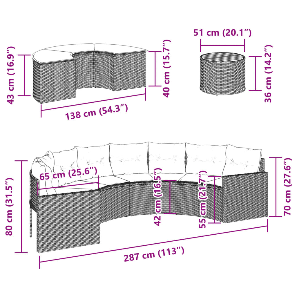 3-tlg. Garten-Sofagarnitur Halbrund Schwarz Poly-Rattan