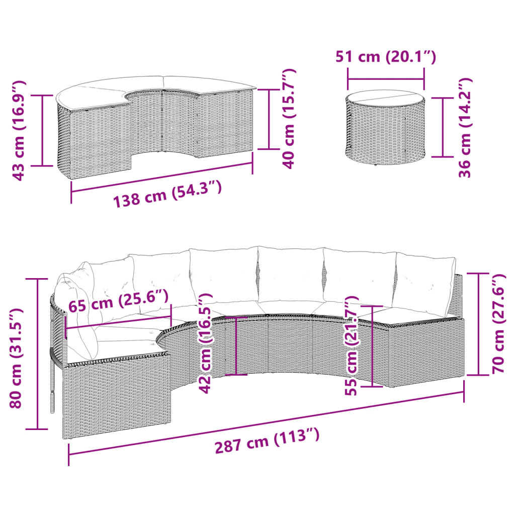 3-tlg. Garten-Sofagarnitur Halbrund Grau Poly Rattan