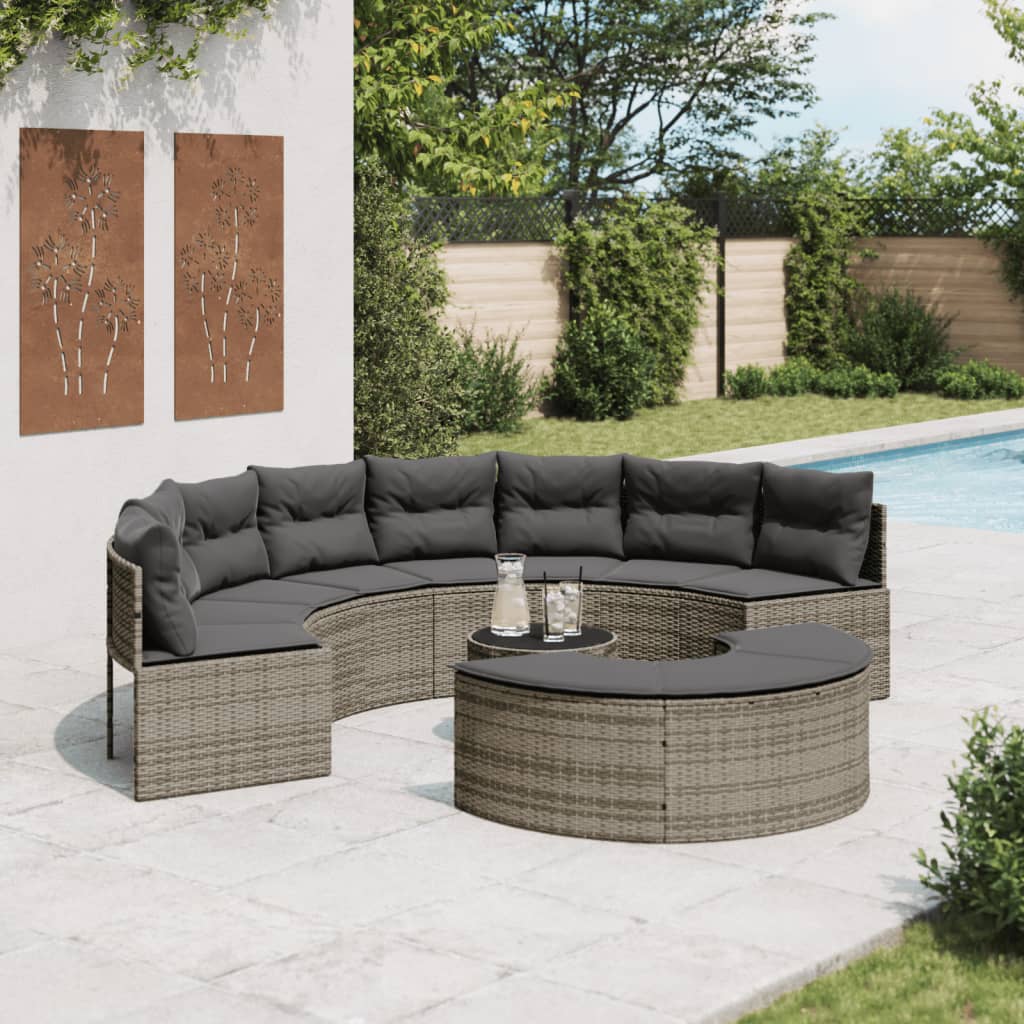 3-tlg. Garten-Sofagarnitur Halbrund Grau Poly Rattan