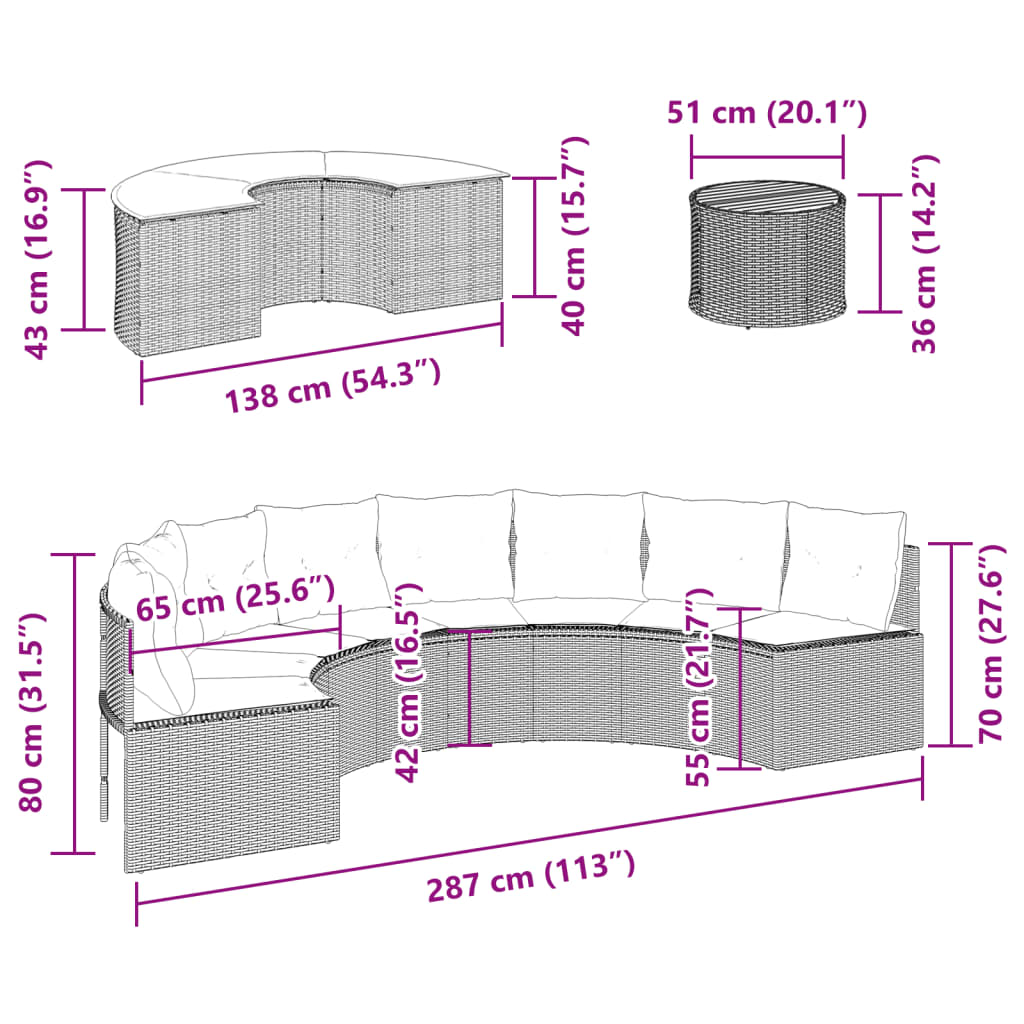 3-tlg. Garten-Sofagarnitur Halbrund Schwarz Poly-Rattan