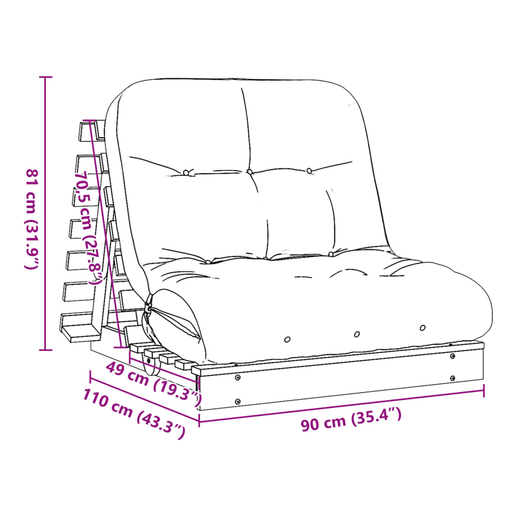 Futon Schlafsofa mit Matratze Braun 90x206x11 Massivholz Kiefer