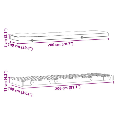 Futon Schlafsofa mit Matratze 100x206x11 Kieferholz Imprägniert