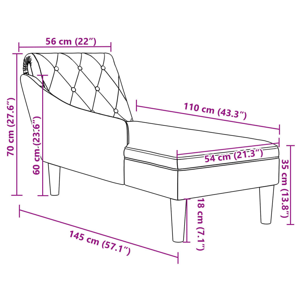 Chaiselongue mit Kissen und Rechter Armlehne Wolkengrau Stoff