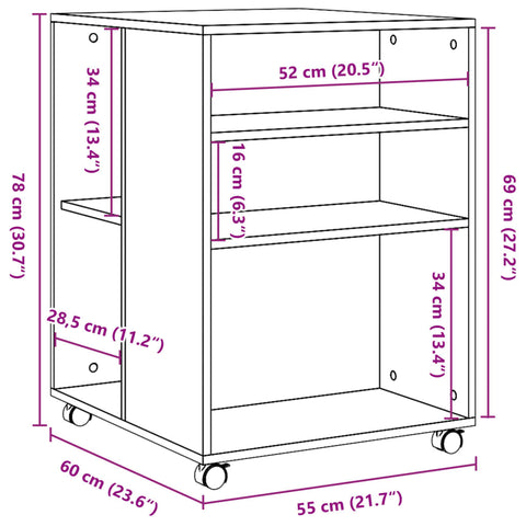 Beistelltisch mit Rollen Räuchereiche 55x60x78 cm Holzwerkstoff