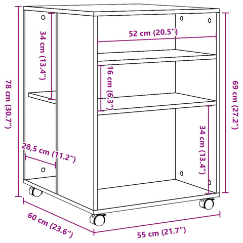 Beistelltisch mit Rollen Grau Sonoma 55x60x78 cm Holzwerkstoff