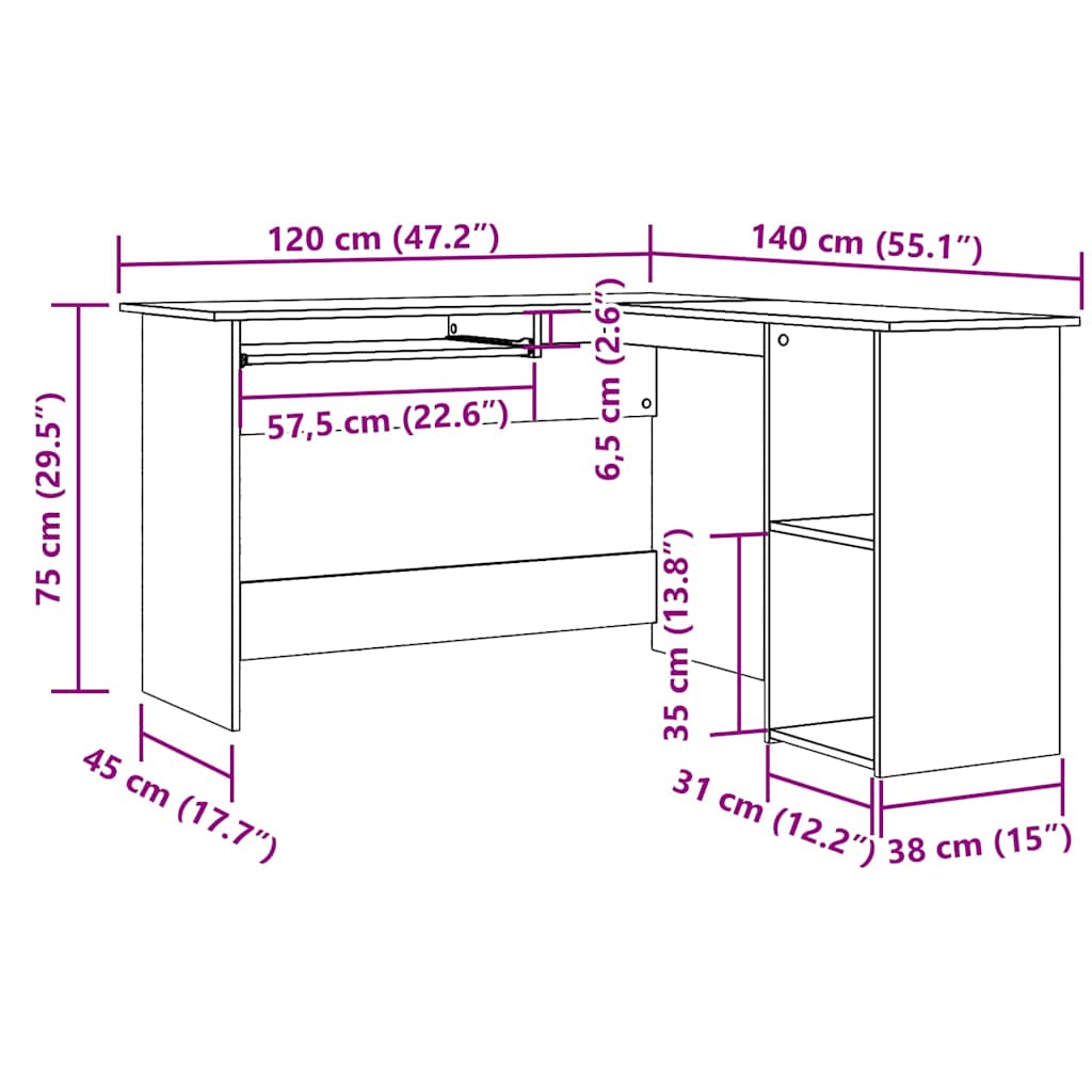 Eckschreibtisch Artisan-Eiche 120x140x75 cm Holzwerkstoff