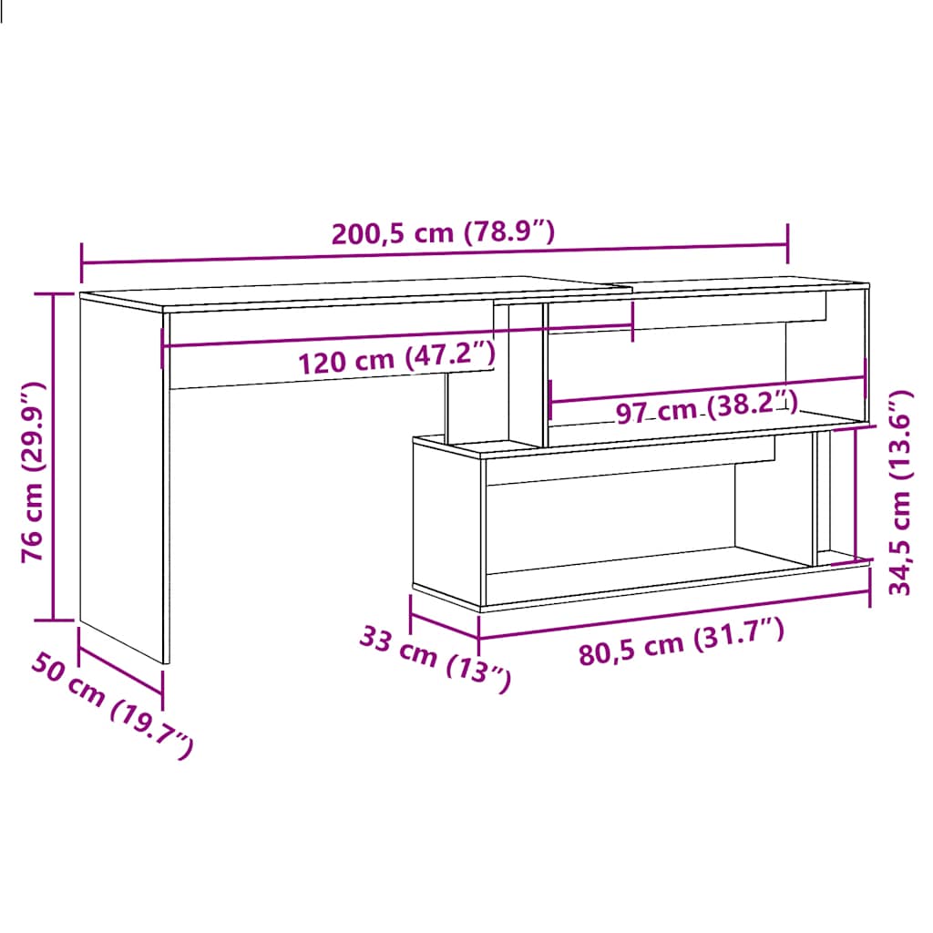 Eckschreibtisch Artisan-Eiche 200,5x50x76 cm Holzwerkstoff