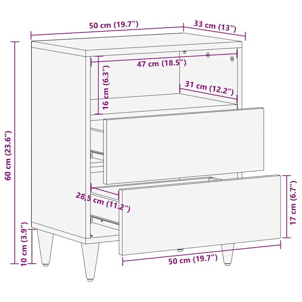 Nachttisch Hellgrau 50x33x60 cm Massivholz Mango