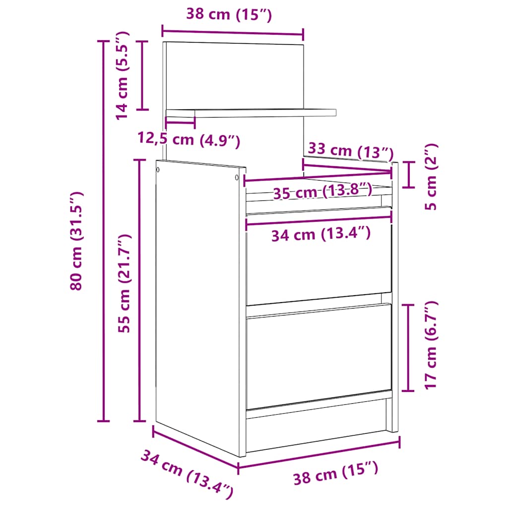 Nachttisch mit 2 Schubladen Braun Eichen-Optik 38x34x80 cm