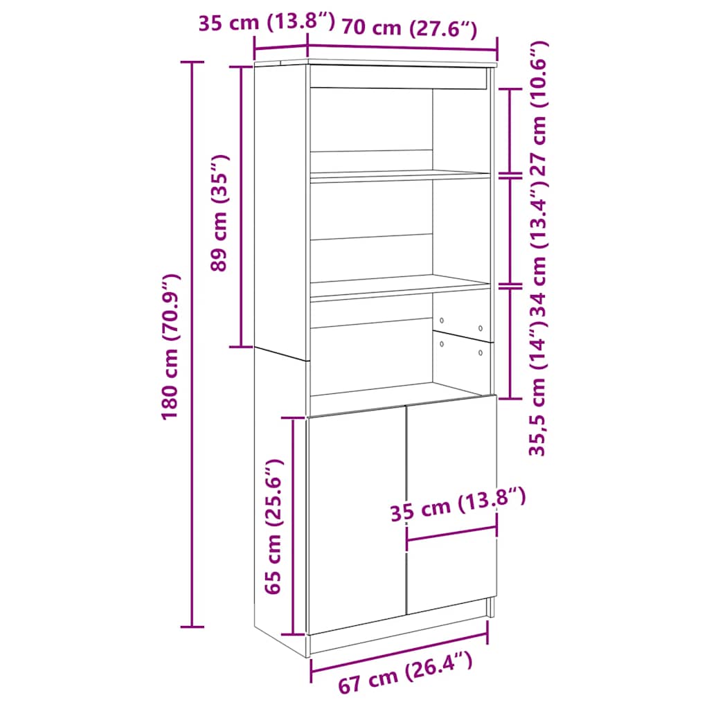 Highboard Artisan-Eiche 70x35x180 cm Holzwerkstoff