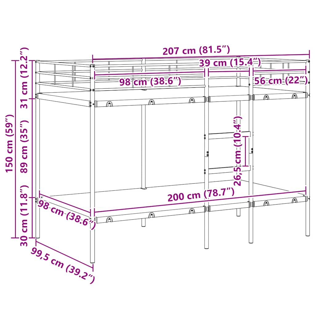 Etagenbett ohne Matratze Schwarz 100x200 cm Stahl