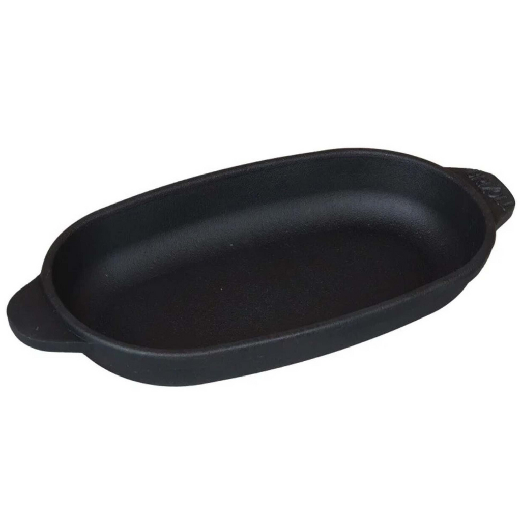 Ovale Servierpfanne aus Gusseisen mit Holzablage18 cm x 10 cm