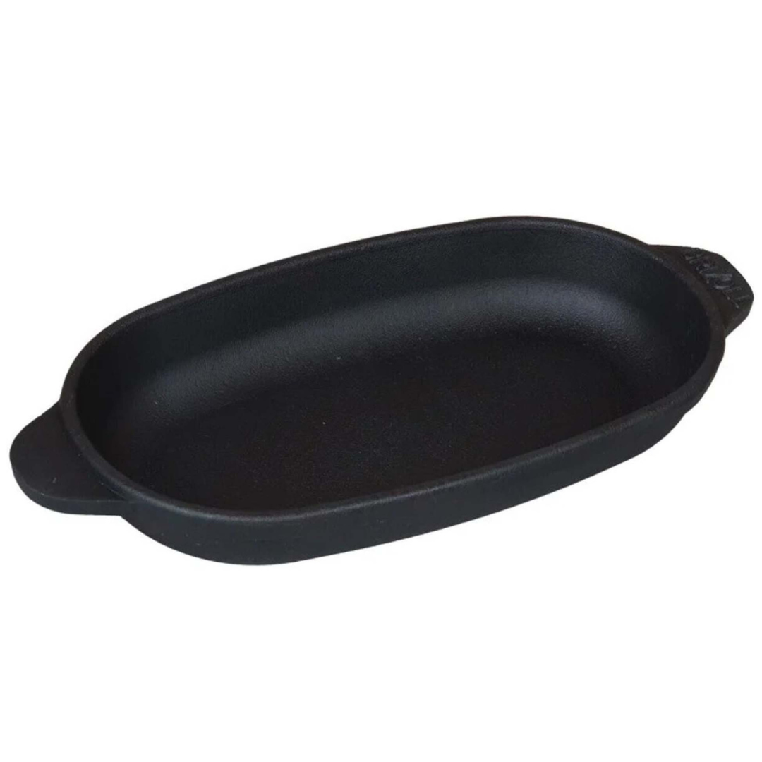 Ovale Servierpfanne aus Gusseisen mit Holzablage22 cm x 14 cm