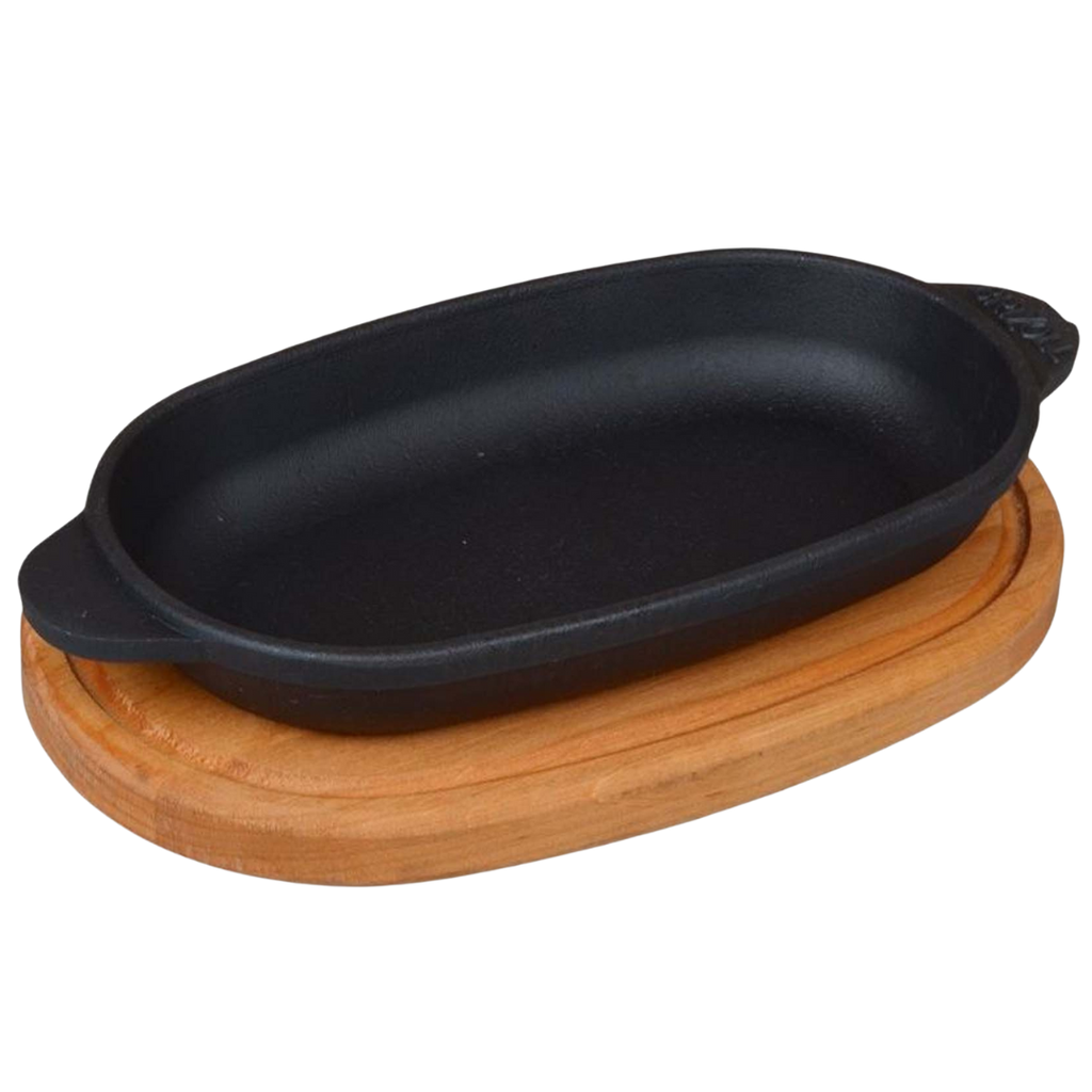 Ovale Servierpfanne aus Gusseisen mit Holzablage22 cm x 14 cm
