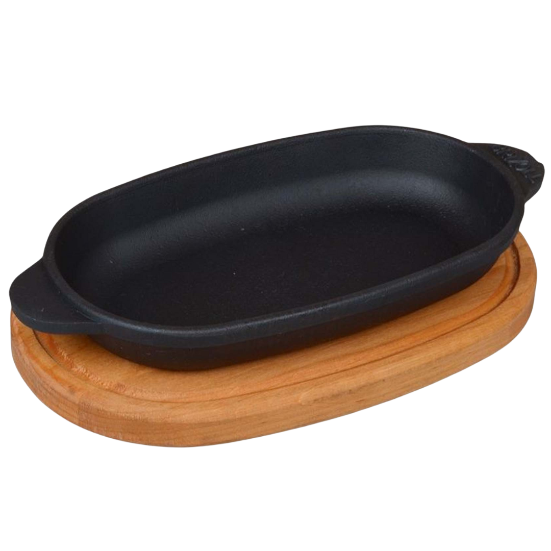 Ovale Servierpfanne aus Gusseisen mit Holzablage22 cm x 14 cm