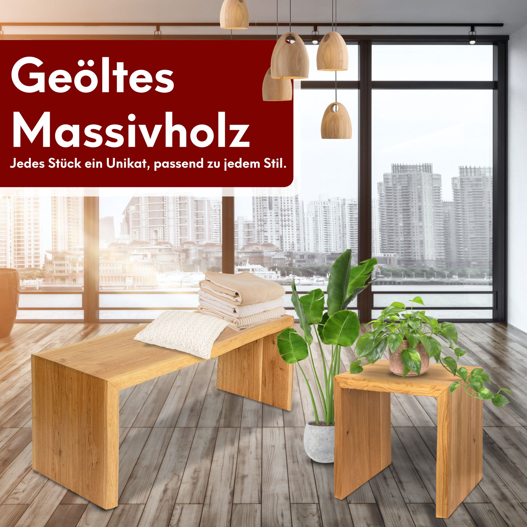 Holzbank Hocker aus massiver Eiche mit Baumkante