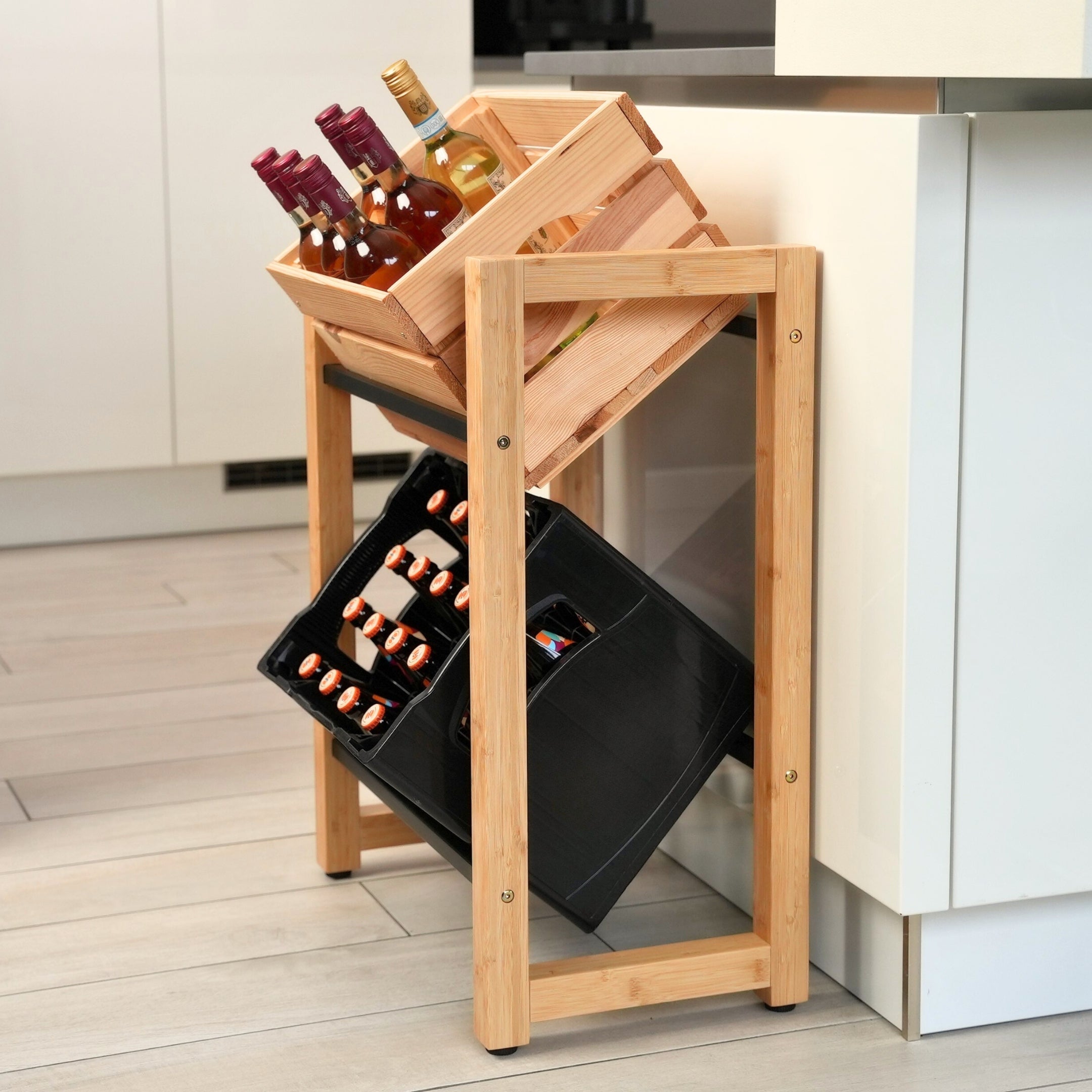 GKR_Asset Getränkekistenregal für 2 Kisten aus Bambus Holz mit Metallablage 56 x 32 x 71 cm platzsparendes Kistenregal für Küche Keller und Garage