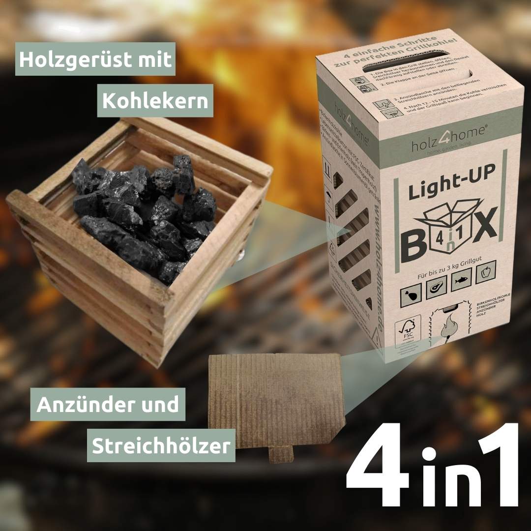 Light-UP-Box 4in1 Grillbox Grillkohle Grillholzkohle6x LightUP Box