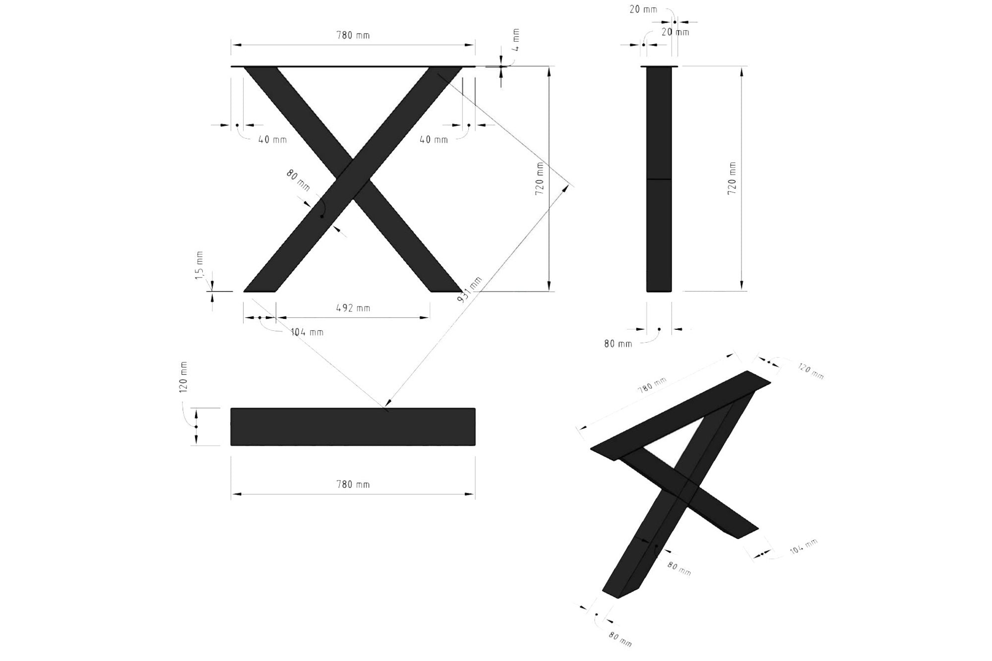 Hora Tischbeine in X-Form 1 Paar (2 Stück) in schwarz pulverbeschichtet