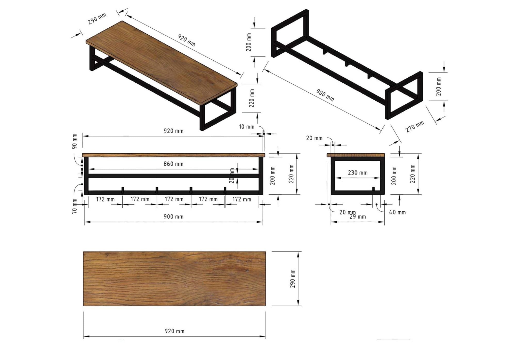 Garderobe aus hochwertiger Eiche und Metall