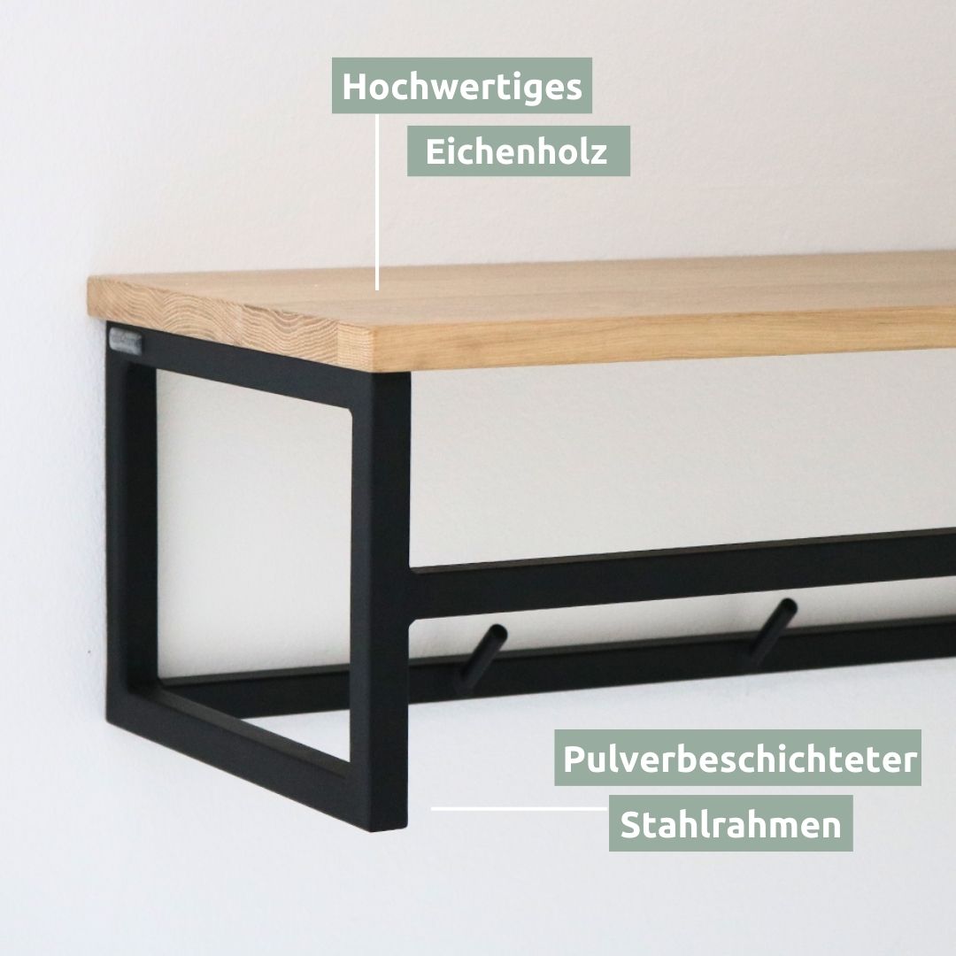 Wandgarderobe mit Ablage aus Eiche und Metall - Kleidergarderobe Flurmit Baumkante