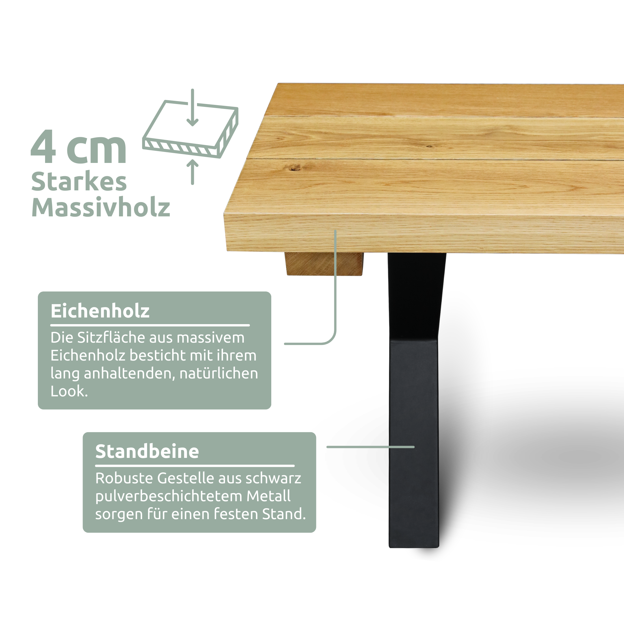 H4H124Material Outdoor Möbel, Eichenbank 160x40x46 cm, Eichentisch 180x85 cm, massiv, 4 cm Bohlen, natur geölt, Metallgestell schwarz, wetterfest, Garten Terrasse Balkon Bank