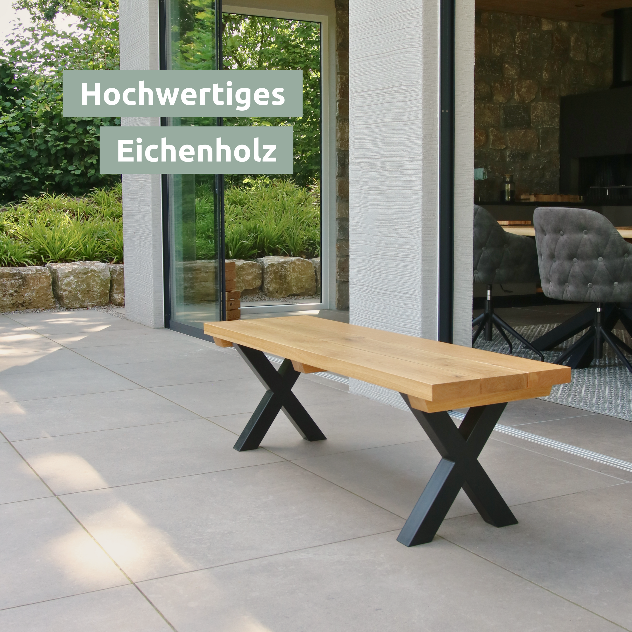 H4H161Cover_51caebff-238b-4388-abd9-ef0e6e71e1cc Outdoor Möbel, Eichenbank 160x40x46 cm, Eichentisch 180x85 cm, massiv, 4 cm Bohlen, natur geölt, Metallgestell schwarz, wetterfest, Garten Terrasse Balkon Tisch