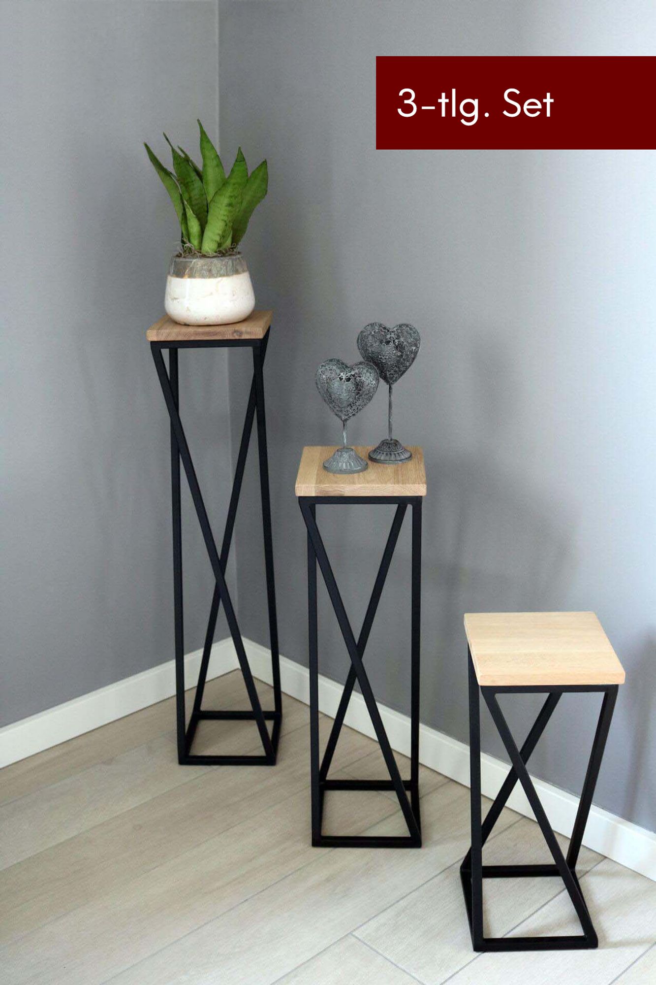 3-tlg. Dekoständer-Set mit gedrehten Streben in hellgrau geölt - 50 cm, 70 cm, 90 cm