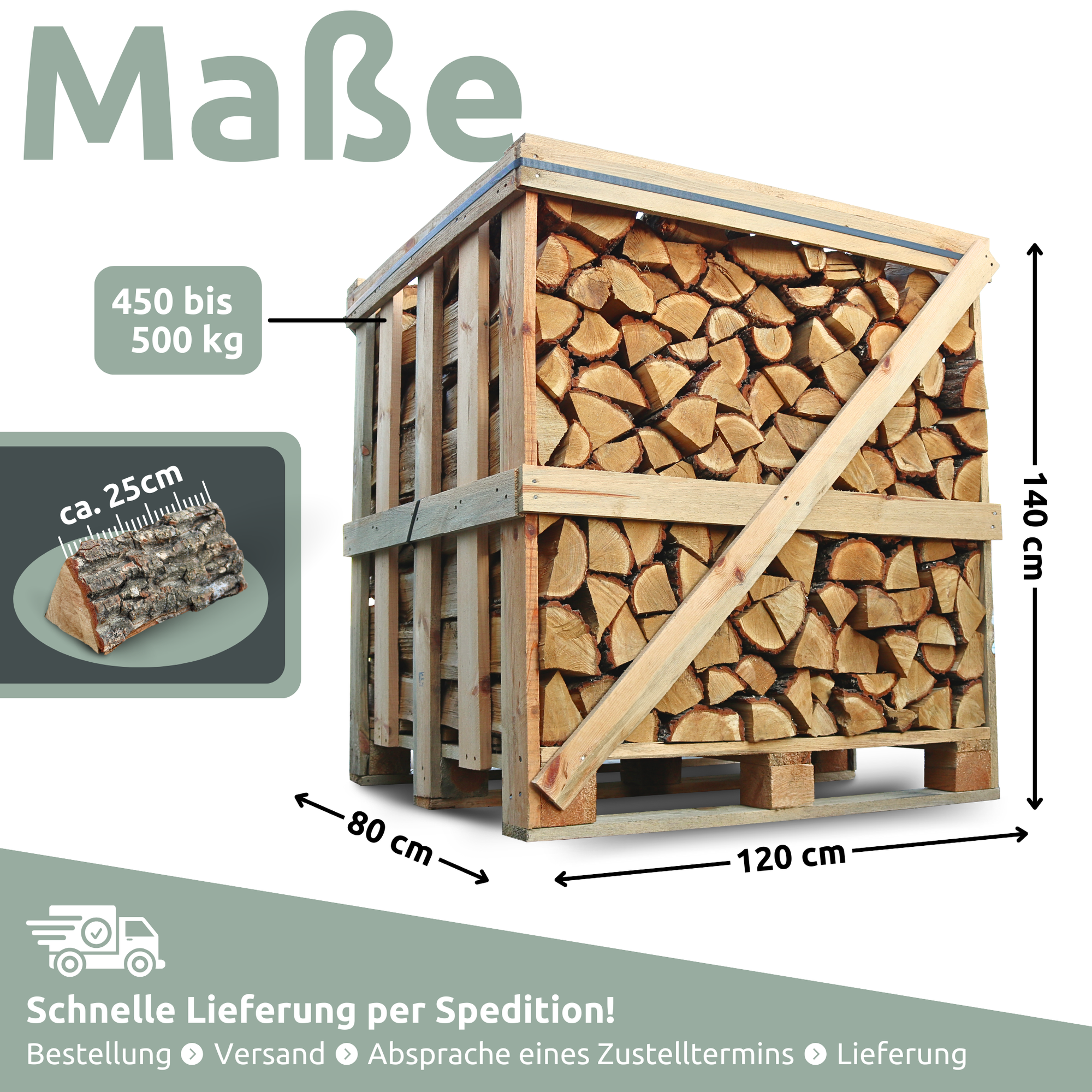 Brennholz Eiche Kammergetrocknet 25 cm 1RM/ 1,6 SRM