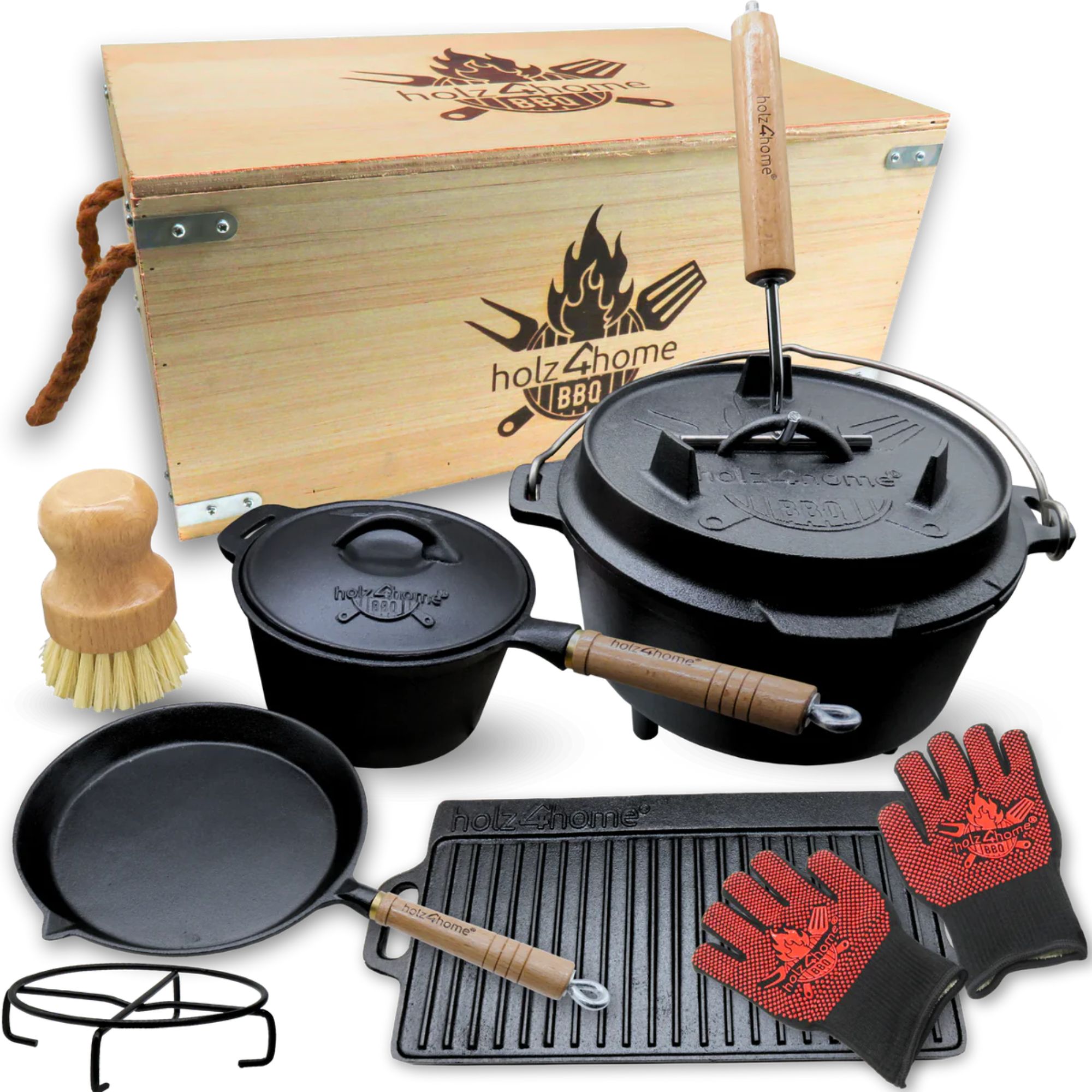 Dutch Oven Set 9-teilig in Holzkiste I 3,6L Feuertopf Viel Zubehör: kleiner Topf, Grillplatte, Pfanne, Handschuhe uvm.