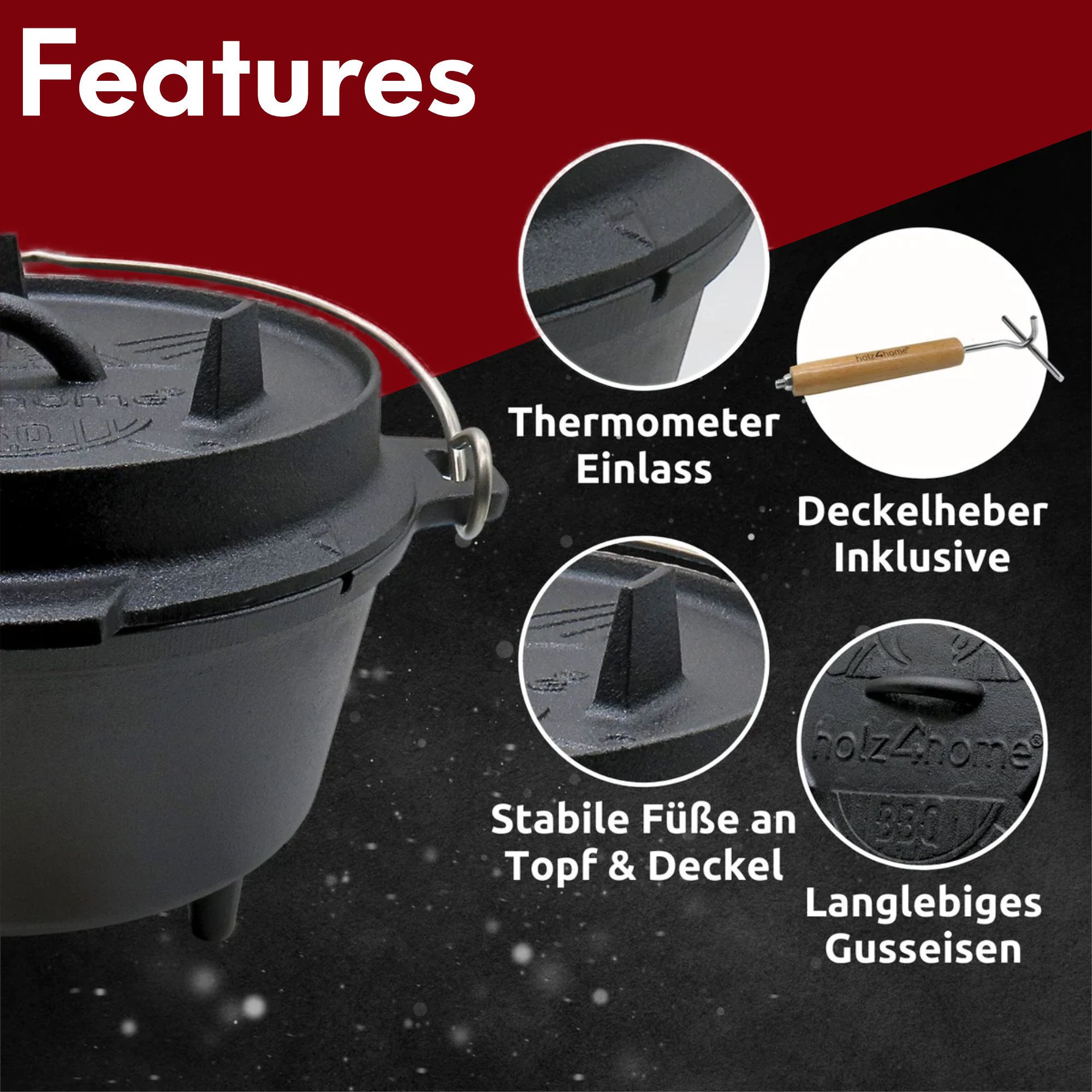Dutch Oven Set 9-teilig in Holzkiste I 3,6L Feuertopf Viel Zubehör: kleiner Topf, Grillplatte, Pfanne, Handschuhe uvm.