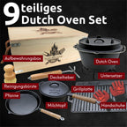 Dutch Oven Set 9-teilig in Holzkiste I 3,6L Feuertopf Viel Zubehör: kleiner Topf, Grillplatte, Pfanne, Handschuhe uvm.