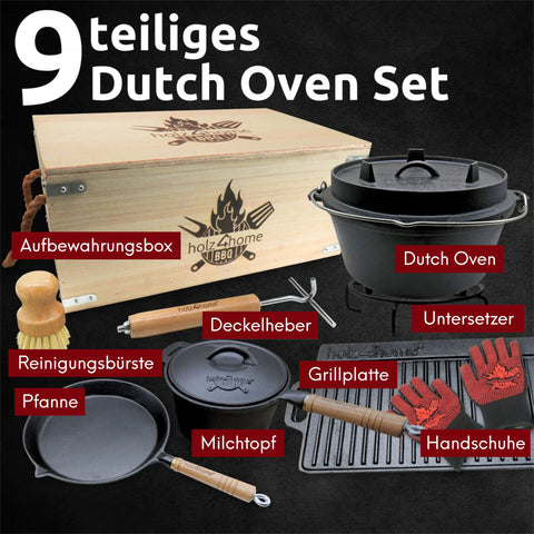 Dutch Oven Set 9-teilig in Holzkiste I 3,6L Feuertopf Viel Zubehör: kleiner Topf, Grillplatte, Pfanne, Handschuhe uvm.