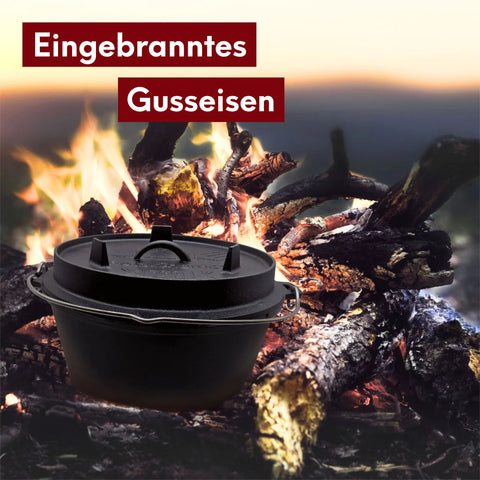 Dutch Oven Set 9-teilig in Holzkiste I 3,6L Feuertopf Viel Zubehör: kleiner Topf, Grillplatte, Pfanne, Handschuhe uvm.
