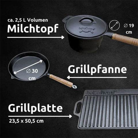 Dutch Oven Set 9-teilig in Holzkiste I 3,6L Feuertopf Viel Zubehör: kleiner Topf, Grillplatte, Pfanne, Handschuhe uvm.