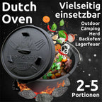 Dutch Oven Set 9-teilig in Holzkiste I 3,6L Feuertopf Viel Zubehör: kleiner Topf, Grillplatte, Pfanne, Handschuhe uvm.