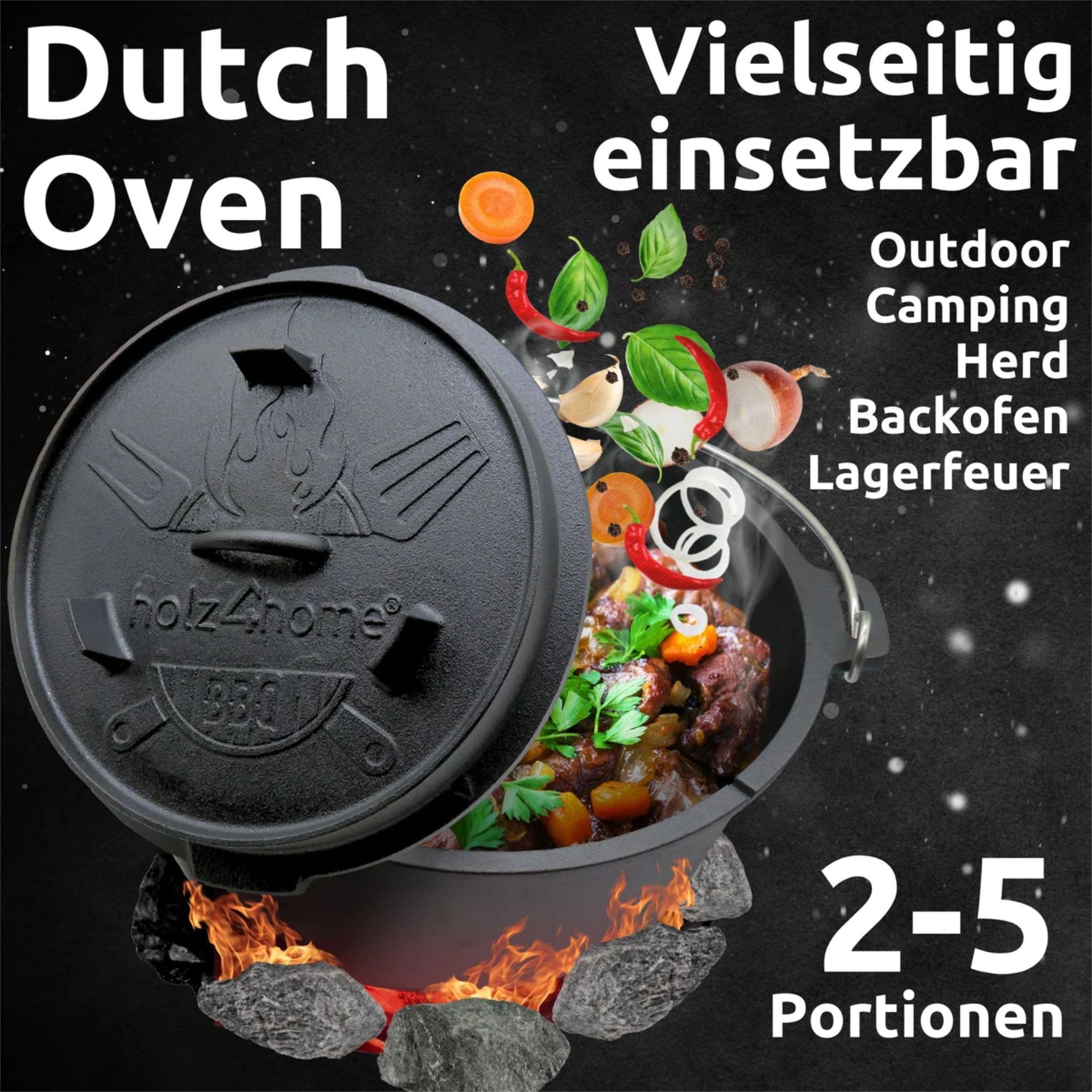 Dutch Oven Set 9-teilig in Holzkiste I 3,6L Feuertopf Viel Zubehör: kleiner Topf, Grillplatte, Pfanne, Handschuhe uvm.