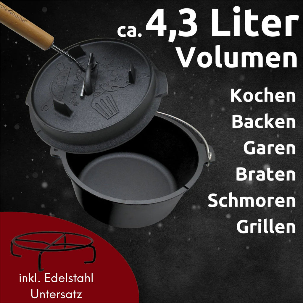 Dutch Oven Set 9-teilig in Holzkiste I 3,6L Feuertopf Viel Zubehör: kleiner Topf, Grillplatte, Pfanne, Handschuhe uvm.
