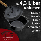 Dutch Oven Set 9-teilig in Holzkiste I 3,6L Feuertopf Viel Zubehör: kleiner Topf, Grillplatte, Pfanne, Handschuhe uvm.