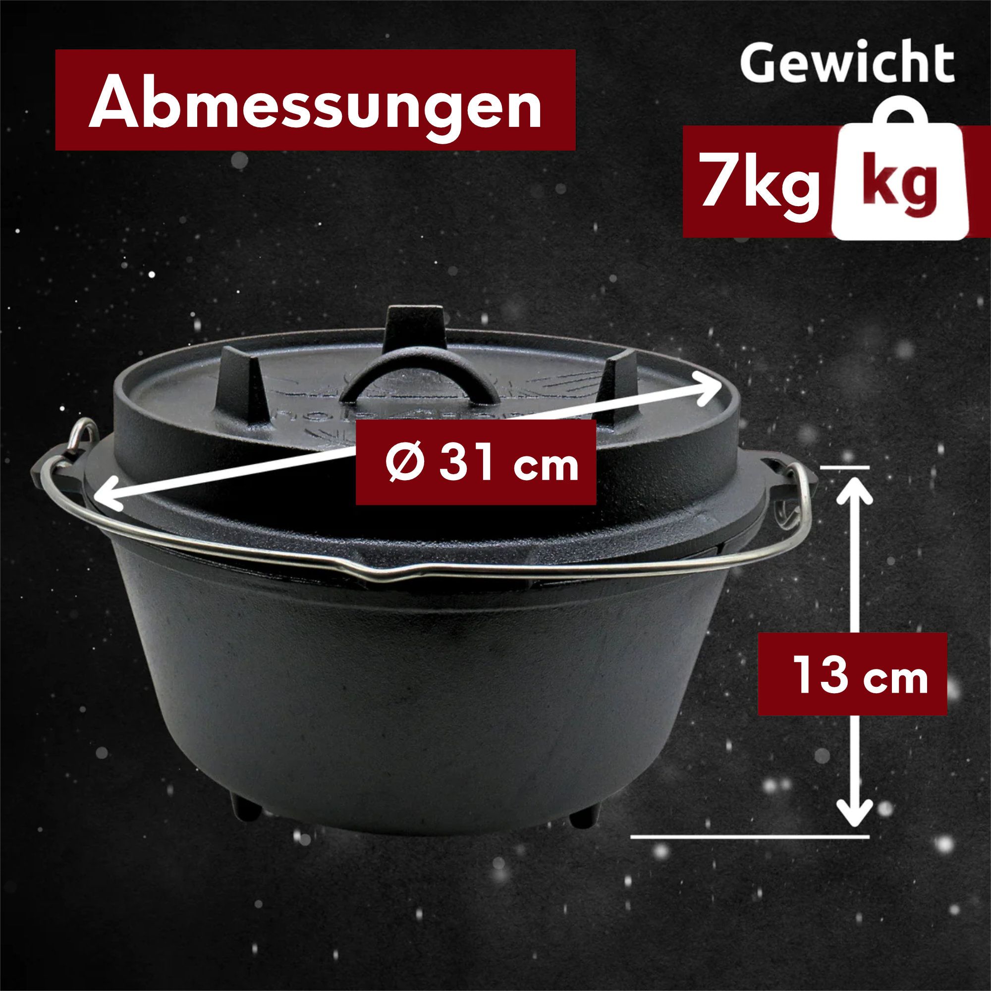 Dutch Oven Set 6-teilig I eingebrannter Feuertopf 9L aus Gusseisen I inkl. Pfanne, Topfständer, Deckelheber und Reinigungsbürste