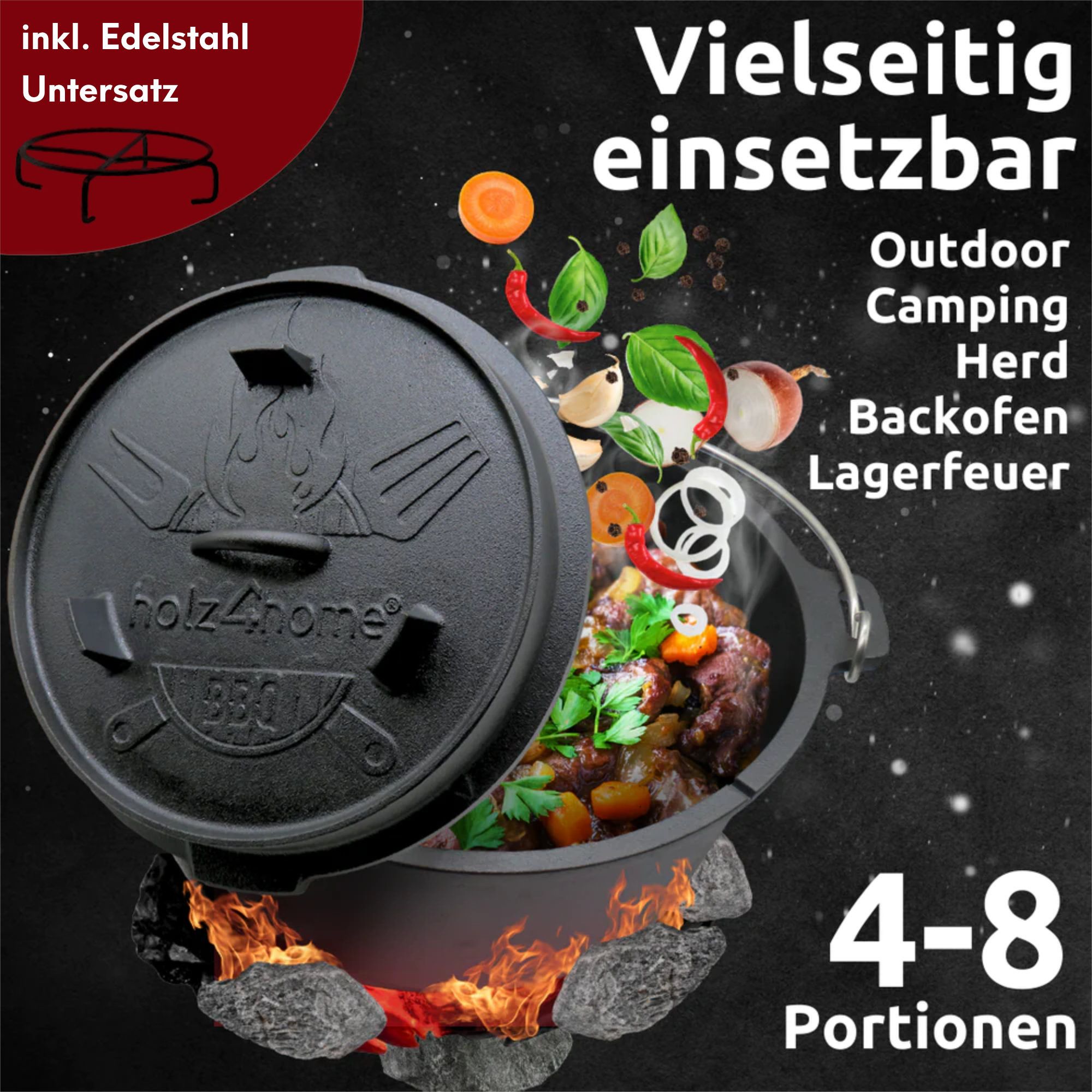 Dutch Oven Set 6-teilig I eingebrannter Feuertopf 9L aus Gusseisen I inkl. Pfanne, Topfständer, Deckelheber und Reinigungsbürste