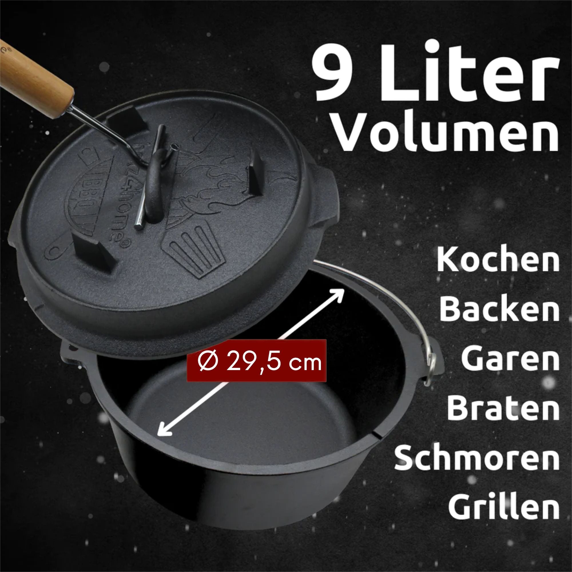 Dutch Oven Set 6-teilig I eingebrannter Feuertopf 9L aus Gusseisen I inkl. Pfanne, Topfständer, Deckelheber und Reinigungsbürste