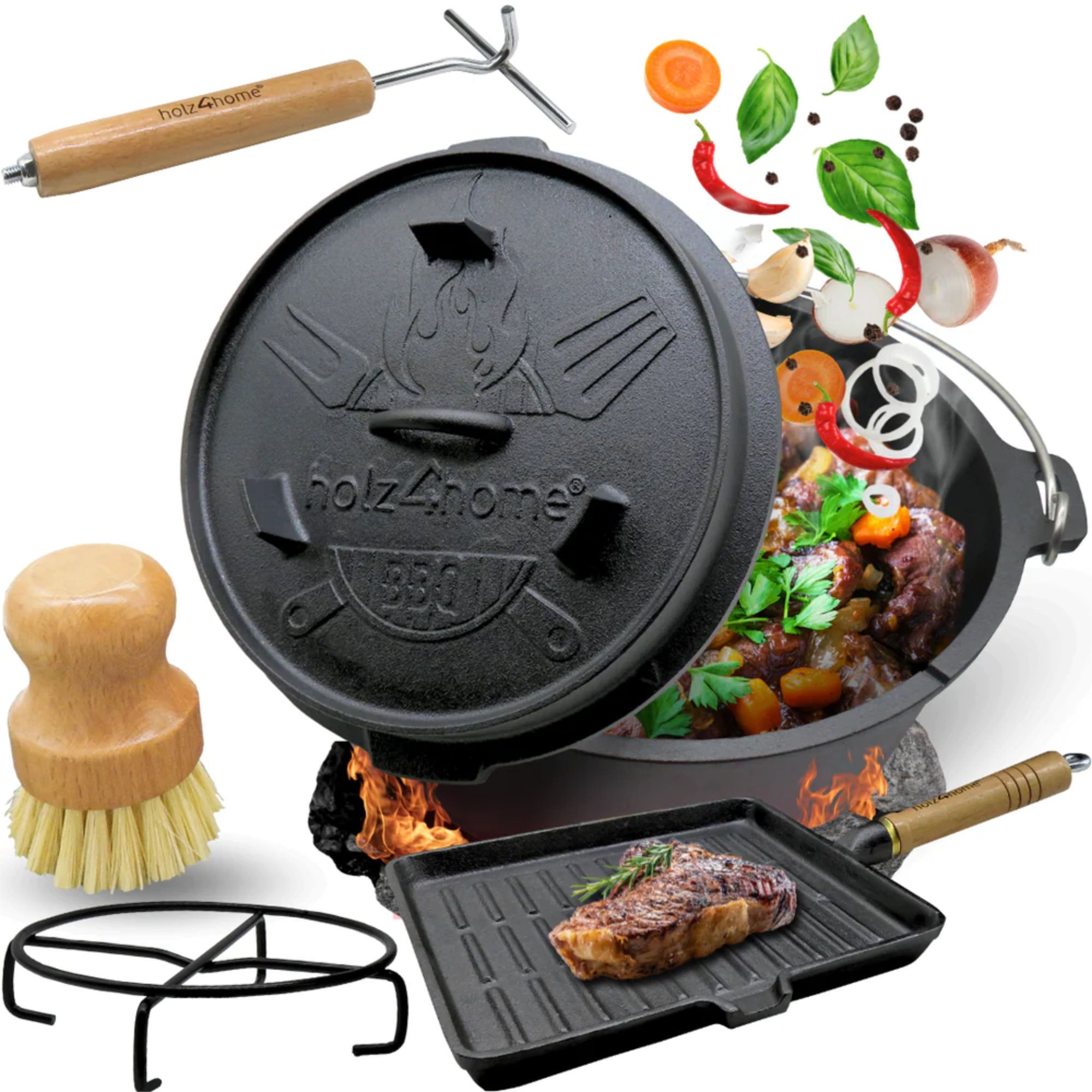 Dutch Oven Set 6-teilig I eingebrannter Feuertopf 9L aus Gusseisen I inkl. Pfanne, Topfständer, Deckelheber und Reinigungsbürste