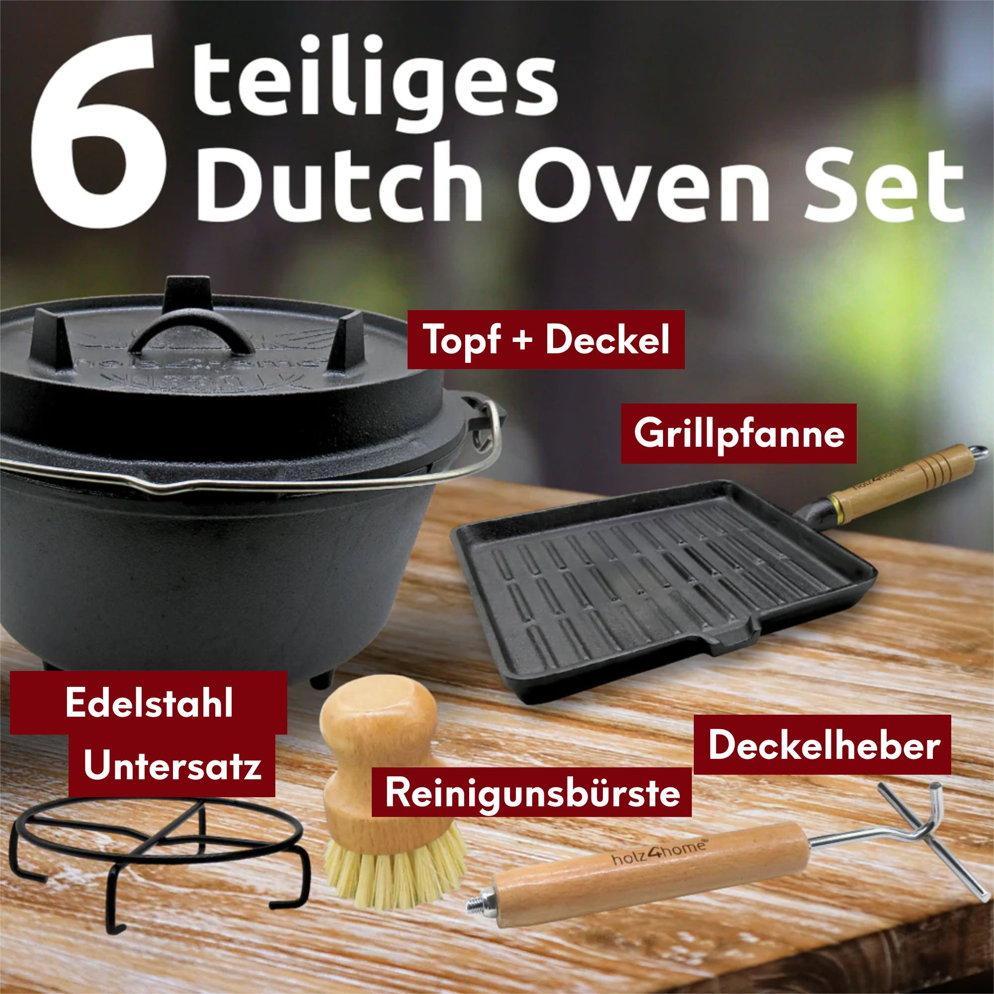 Dutch Oven Set 6-teilig I eingebrannter Feuertopf 9L aus Gusseisen I inkl. Pfanne, Topfständer, Deckelheber und Reinigungsbürste