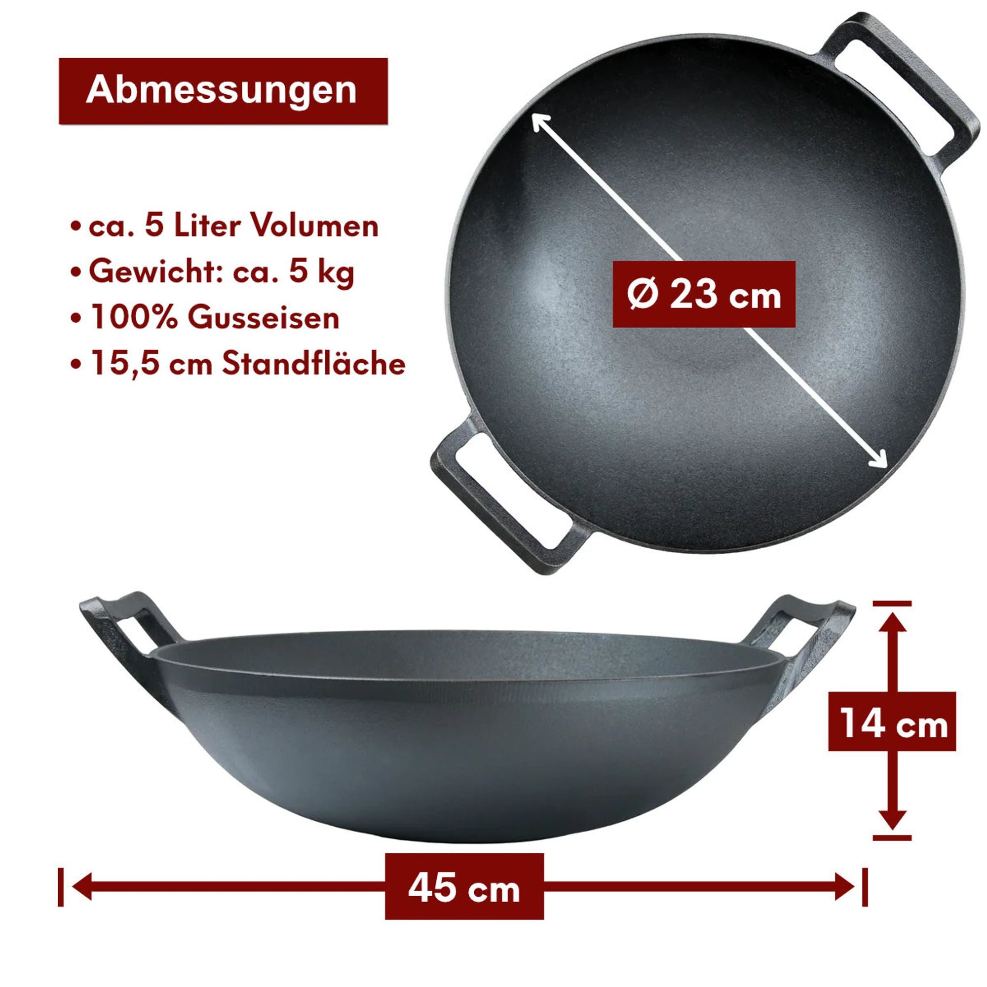 Wok aus Gusseisen Ø 36 cm I abgeflachter Boden