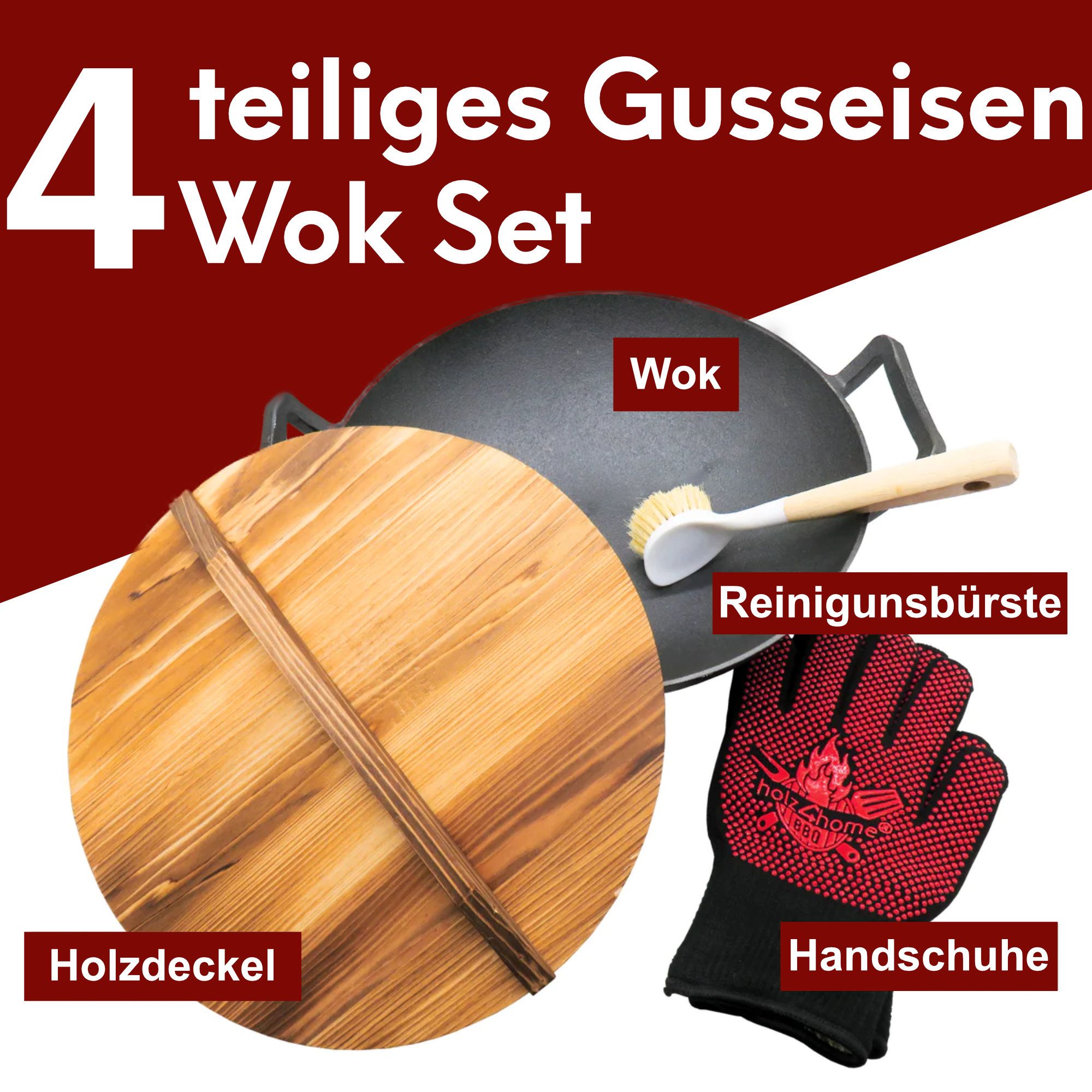 Wok aus Gusseisen Ø 36 cm I abgeflachter Boden