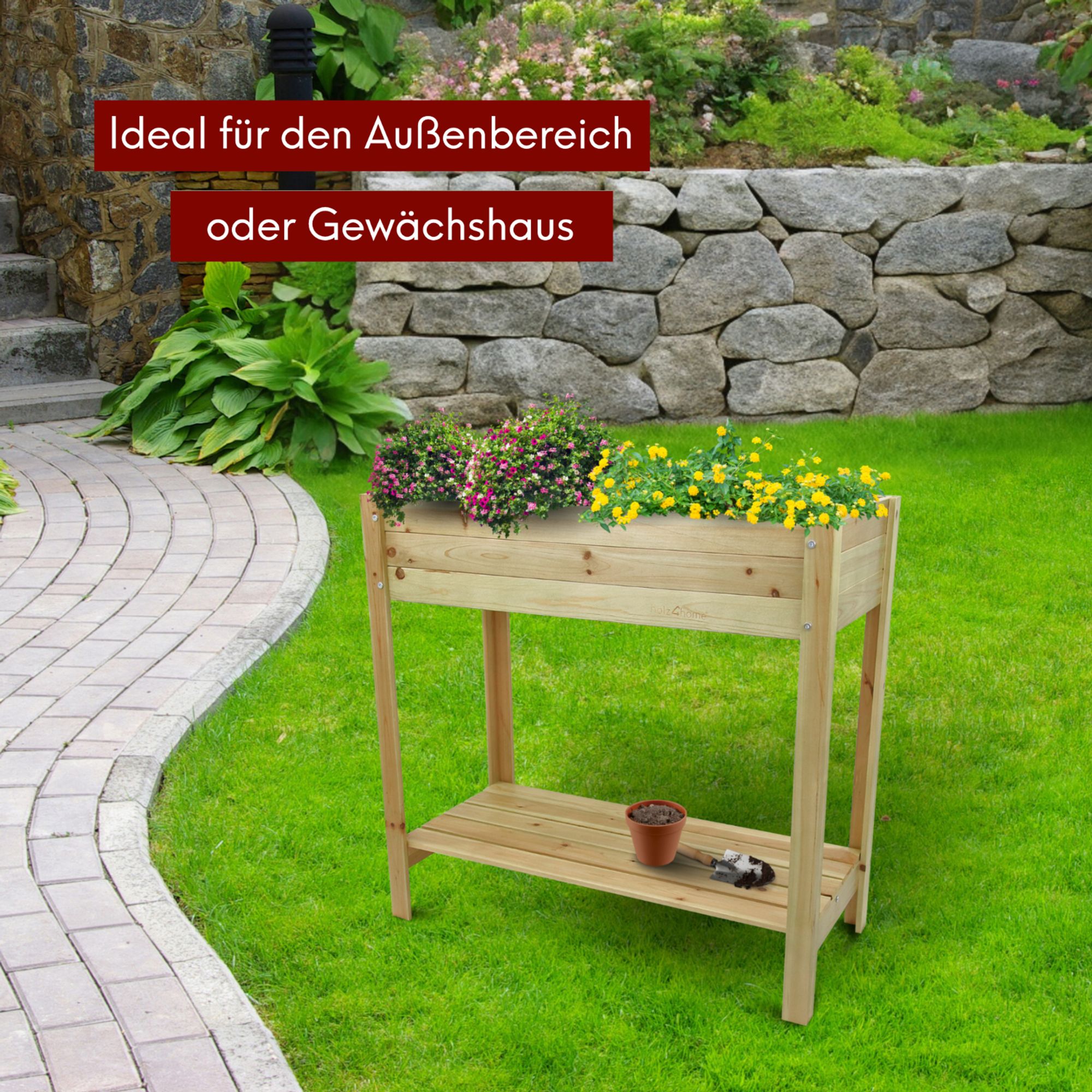 kalb Hochbeet aus Tannenholz inkl. Vlies-Einlegefolie, Hochbeet für Gemüse-, Kräuter- und Blumenanbau, Schutz vor Schnecken und Schädlingen, einfacher Aufbau, integrierte Ablage