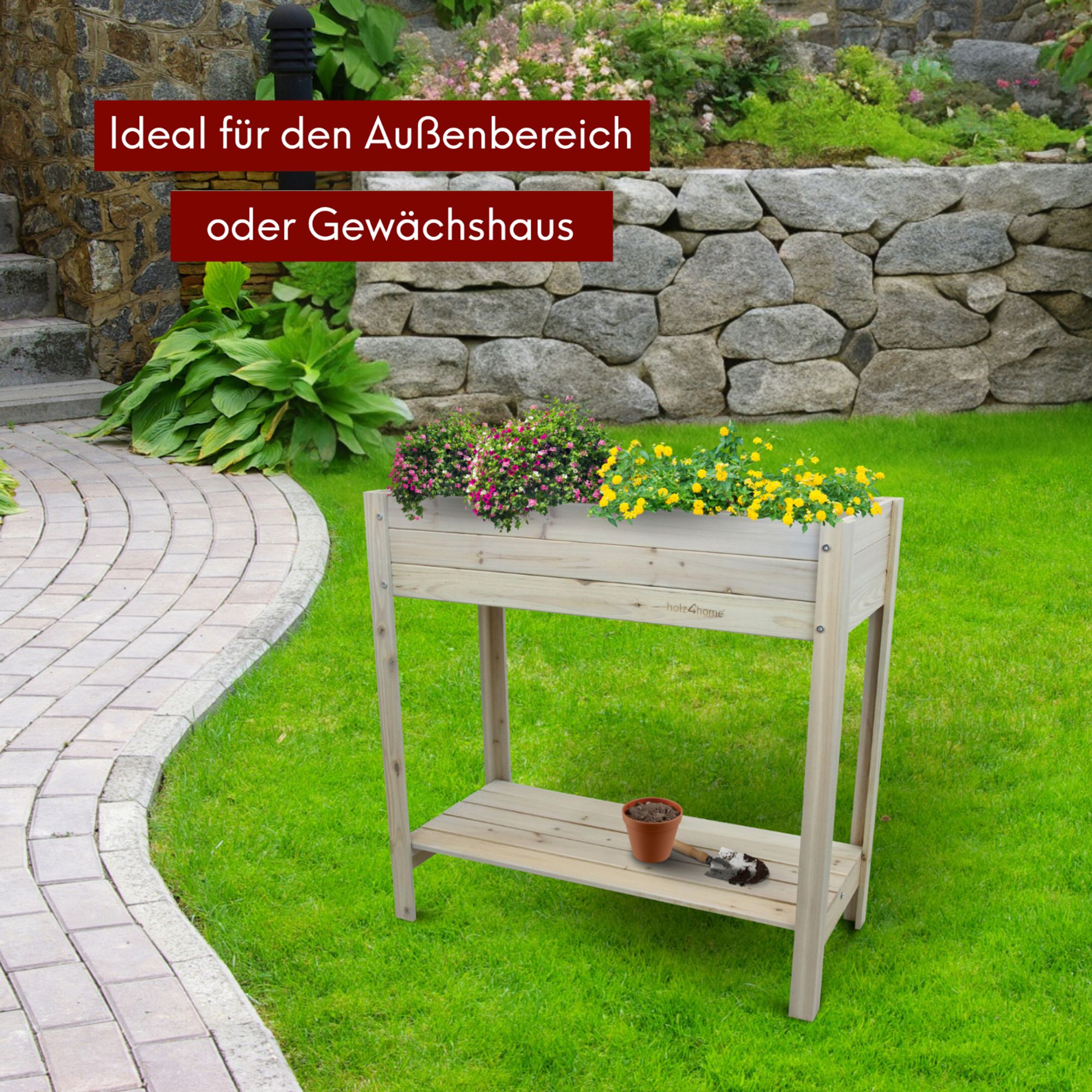 kalb Hochbeet aus Tannenholz inkl. Vlies-Einlegefolie, Hochbeet für Gemüse-, Kräuter- und Blumenanbau, Schutz vor Schnecken und Schädlingen, einfacher Aufbau, integrierte Ablage